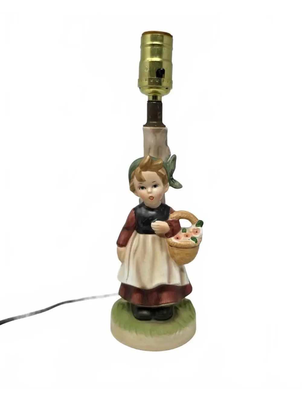 Vintage Ceramic Girl Flower Basket Figural Lamp Hummel Style Cottage Decor